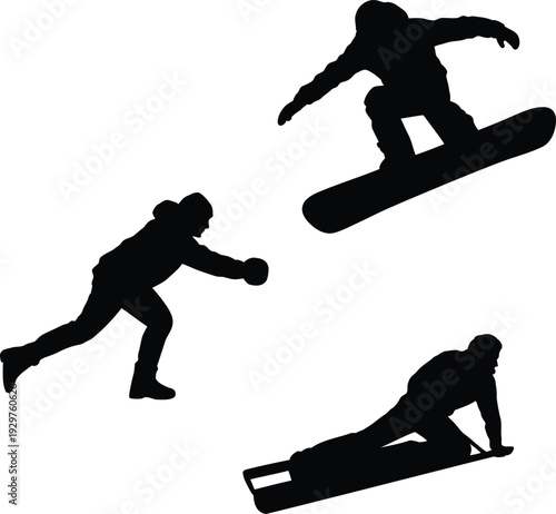 Three black silhouettes of snowboarders in different poses