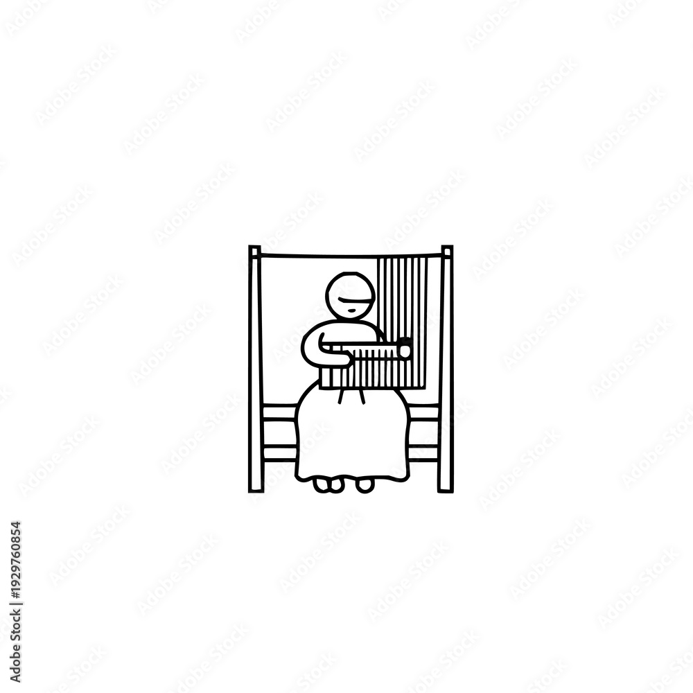 Obraz premium Minimalist pictogram of a weaver working on a loom, textile crafts symbol, bold line illustration on white background for textiles industry