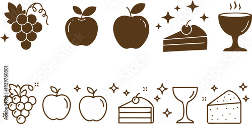 Diverse assortment of stylized food and drink icons including fresh grapes ripe apples celebratory cake slices and elegant