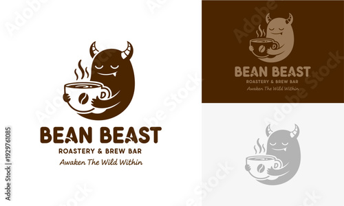 Coffee shop logo design featuring a cartoon bull's head in a cup, representing Bean Beast roastery and brew bar, in various color schemes and backgrounds
