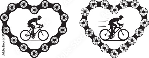 Couple cycling within a heart shape made of bicycle chain links, representing love for cycling.