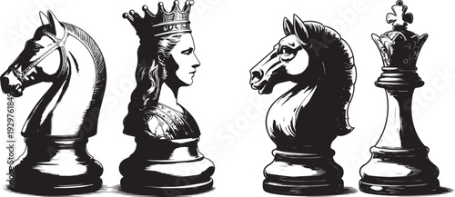 Black and white illustration of chess pieces including knights, queen, and rook, with detailed engravings.