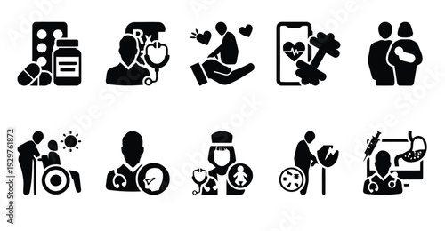 Health and wellness icons including fitness and elderly care for diverse medical needs