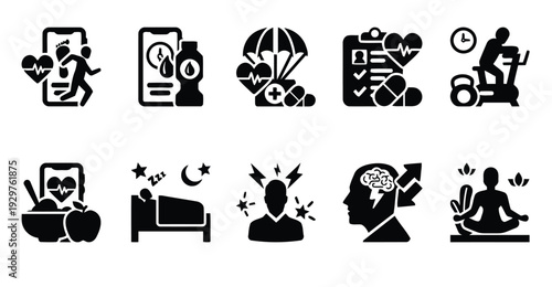 Health and wellness icons, fitness, nutrition, sleep, stress, brain health, and meditation for healthy lifestyle.