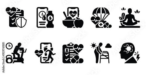 Healthcare and fitness icons for healthy lifestyle and medical care