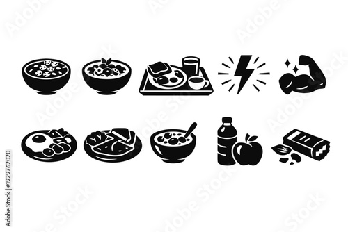 Healthy breakfast and energy boost icons for fitness and nutrition