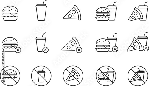 Healthy food and unhealthy food choice icons set burger pizza and drink symbols