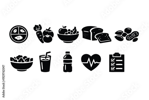 Healthy food and lifestyle icons representing diet, nutrition, and wellness