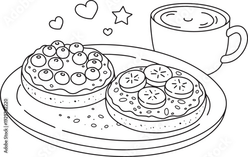 sweet breakfast line art sweet bagels with fruit and coffee coloring page