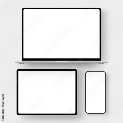 Laptop, tablet and smartphone mockup with blank screens, isolated on white background. Vector template for responsive website presentation, app design showcase