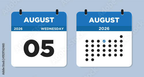 August 5 2026 (Wednesday) Calendar page Vector Illustration. 5 August calendar page. Day calendar with date August 5. Modern Calendar template icon. Week Starts on Sunday. Checklist day calendar.