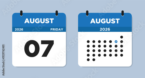 August 7 2026 (Friday) Calendar page Vector Illustration. 7 August calendar page. Day calendar with date August 7. Checklist day calendar. Modern Calendar template icon. Week Starts on Sunday.