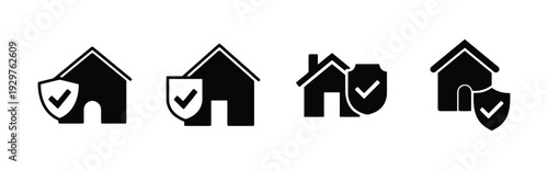 Home security icons featuring houses protected by shields