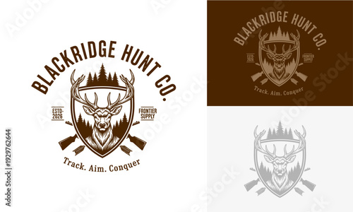Hunting emblem design featuring deer head with antlers and crossed rifles logo