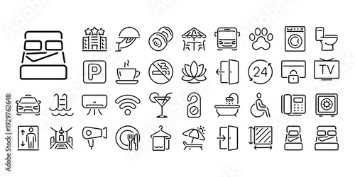 Hotel service icons, accommodation and travel symbols for hospitality industry and guest services