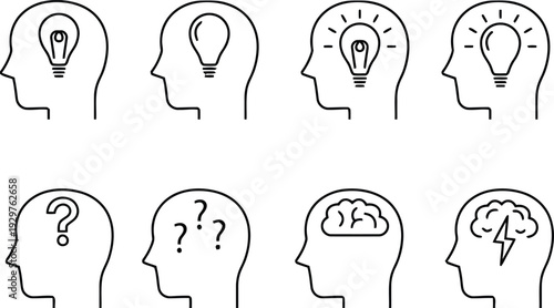 Human mind and creative idea generation line icons