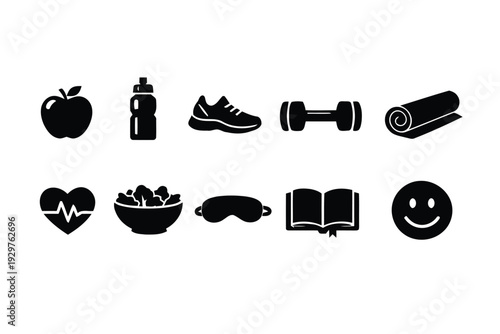Icons for a healthy and active lifestyle with fitness and wellness elements