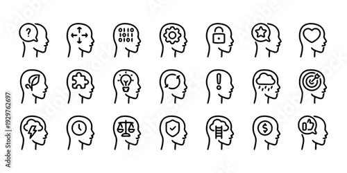 Human head profile icons showing thinking processes and mental states