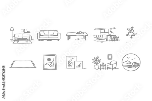 Interior design elements and furniture icons for home decor
