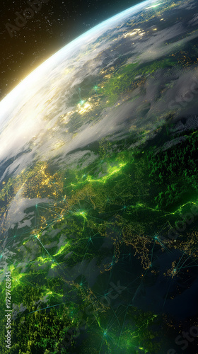 Earth global network connection sunrise from space
