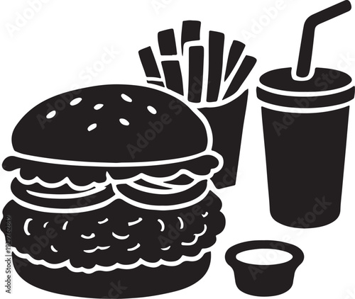 Burger, fries, soda and dip fast food