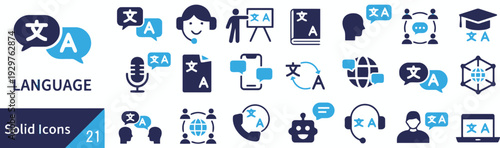 Language solid icons collection featuring language translation, learning, and communication tools in flat style