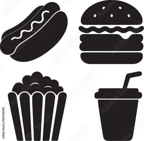 Four black food arranged hot dog hamburger popcorn soda