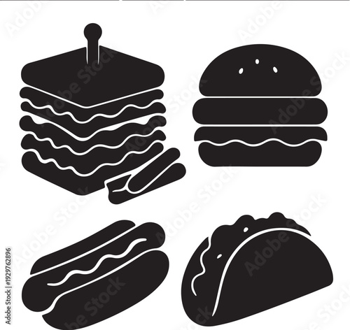 Four black and white fast food burger hot dog sandwich taco