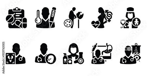 Medical icons representing healthcare professionals and services like doctors, nurses, and pharmacies
