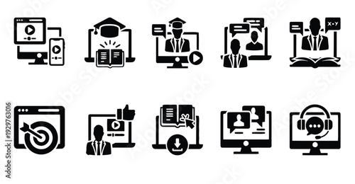 Online learning and education icons set modern digital technology for courses and training