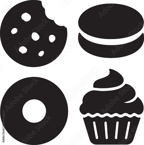 Four black of baked goods on white background with bite taken out cookies
