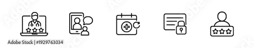 Online consultation and service icons including doctor, calendar, credit card, and user profiles for digital healthcare