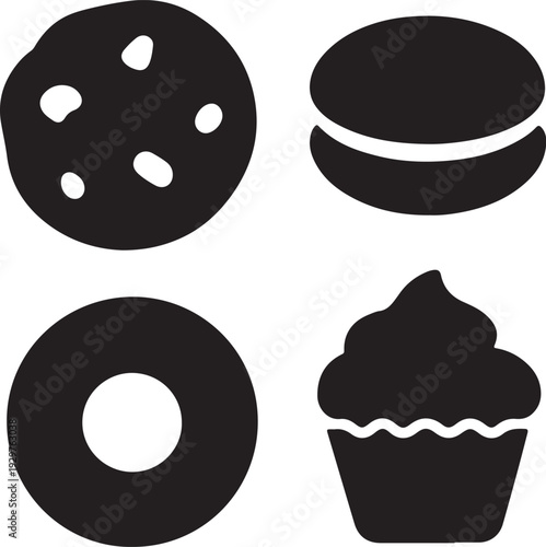 Four black of baked goods on white background same as 3 cookies