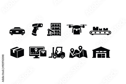 Logistics and delivery icons set showing transportation and warehousing operations
