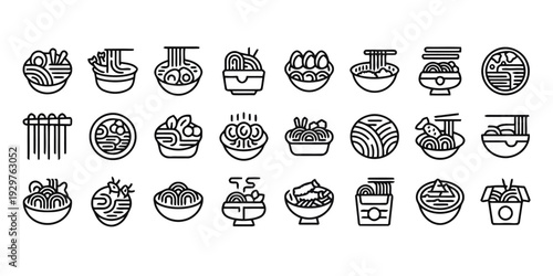 Noodle and ramen bowl icons set representing Asian cuisine dishes