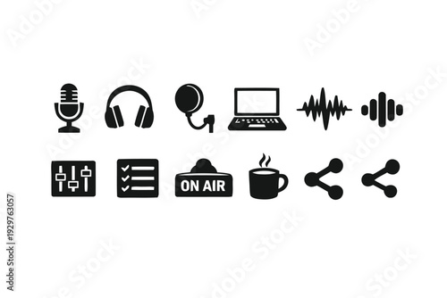 Podcasting equipment and symbols, audio recording and broadcasting icons