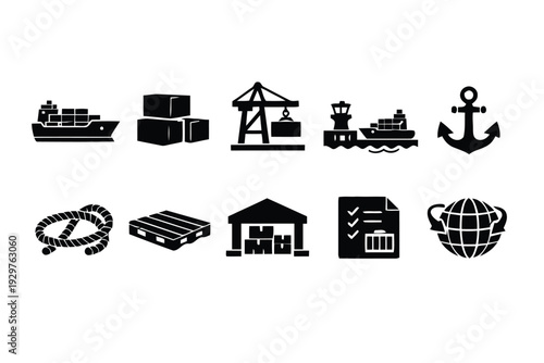 Logistics and shipping icons showing cargo, transport, and warehousing operations