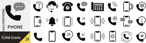 Minimalist black and grey communication icons for business telephony and mobile apps