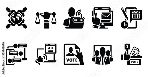 Political and business icons for voting, justice, and communication