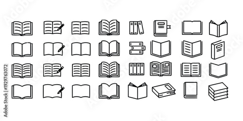 Open book and notebook vector line icons for education and reading design