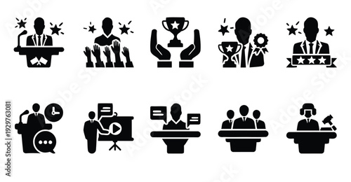 Presentation and award icons for corporate recognition and public speaking
