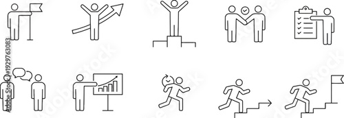 Minimalist business success and team collaboration line icons set