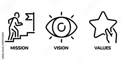 Mission vision and values icons set