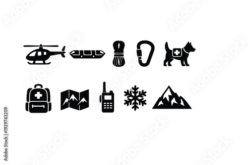 Mountain rescue equipment helicopter sleeping bag rope carabiner search dog backpack map and radio