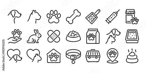 Pet care line icons set with domestic animals vet equipment and accessories