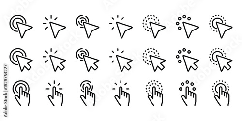 Mouse cursor and hand pointer icons with click and selection effects