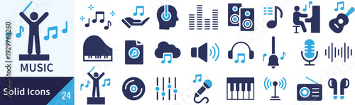 Music production and audio equipment solid icon set for creative digital design projects