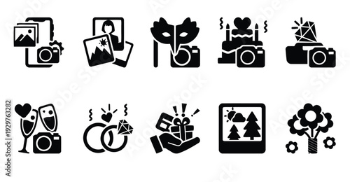 Photography services and celebration event icons for wedding and social media content