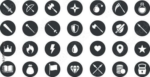 Set of black game icons representing weapons, items, and symbols on dark grey circles