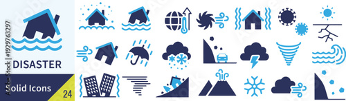 Natural disaster and extreme weather solid icons collection for climate awareness